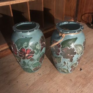 2 Vtg Goofus Glass Vases - 6 " - Rare Blue Red Green