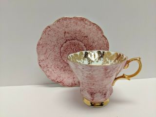 Royal Albert Teacup & Saucer Pink Gold Lace Vanity Fair Lyric Shape England Rare