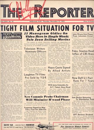 1952 Rare Hollywood Reporter " Tight Film Situation For Tv " Issue