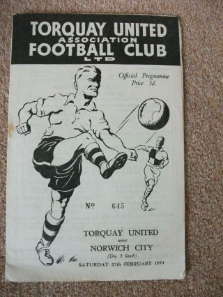 Torquay Norwich Football Programme Division 3 South February 1954 Rare