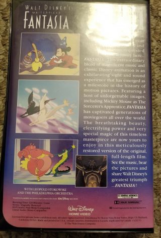FANTASIA,  A Walt Disney Masterpiece,  RARE 1991 Black Diamond Classic,  VHS 1132 5