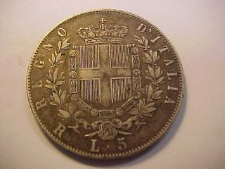 1876 R Italy 5 Lire Silver Coin,  A Xf Rare Coin