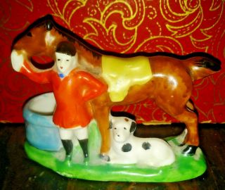 Vintage Japan Toothpick Holder Pincushion Rare Horse And Rider Dog Tea Candle