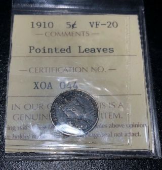 1910 Canada Five Cents 5c Pointed Leaves Rare Iccs Very Fine Coin