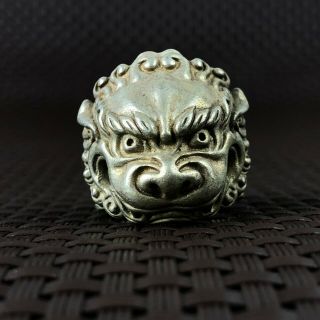 Old Antique Collectible Chinese Tibet Silver Handwork Lion King Rare No.  9.  5 Ring