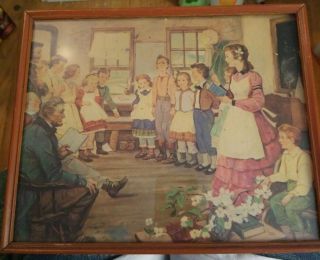 Rare Antique Print " 1843 " Abraham Lincoln Framed School House 12 " By 10 "
