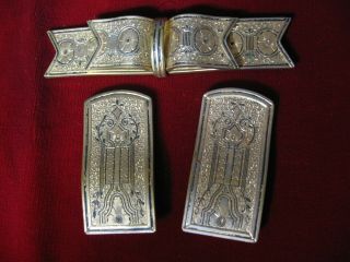 Rare Vintage Taille D Epergne Enamel Bar Brooch And Clip Set,  Ornate Engravings