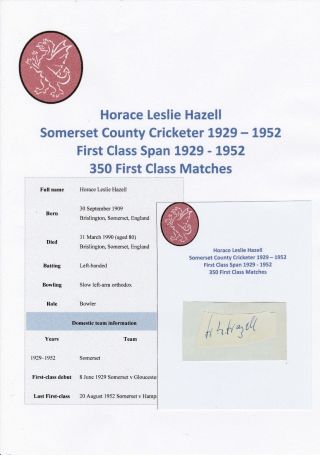 Horace Hazell Somerset Cricketer 1929 - 1952 Rare Autograph Cutting