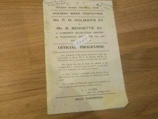 Rare 1949 Holman Week Cornwall Rugby Programme Inc John Kendal - Carpenter