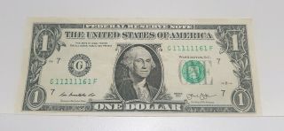 2013 $1 Binary 7 Of A Kind One Dollar Bill Ultra Rare 7 1s Bu
