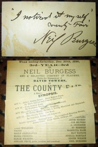 Neil Burgess Theatre Drag Actor Signature Partial Program County Fair 1890 Rare