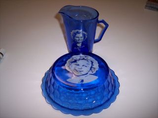 Shirley Temple Pitcher & Cereal Bowl Blue Depression Glass Rare Collectible