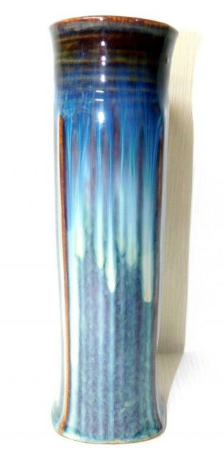 Estate Rare Long Blue Mystery Art Noveau Studio Pottery Vase - Signed