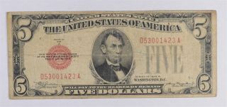 Uncommon 1928 - B $5.  00 Red Seal Us Note - Rare Note 563