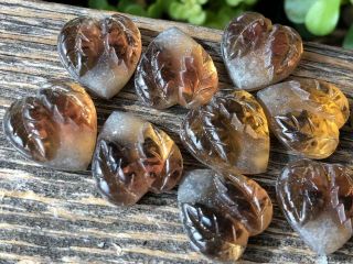 Vintage Glass Cabochons Hearts & Leaves 1930 ' s Old Gold Foil Back Cabs RARE 4