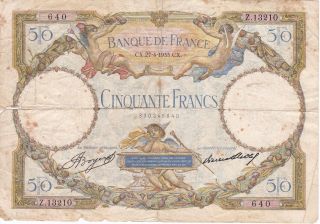 Very Old Banknote From France 50 Francs Year 1933 Rare And Difficult