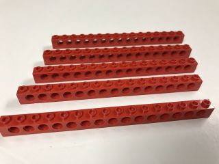 5x Lego Technic 1x16 Rare Bricks W/ Holes For Axles,  Pins Etc - Red Large Technic