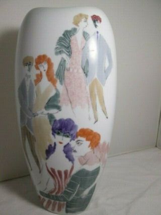 Signed Rosenthal Germany Ceramic Vase Art Deco Posh Colorful Scene Rare Pottery