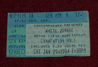 White Zombie Ticket Stub Jan.  29 1994 Omaha Ne Rare Ticketmaster