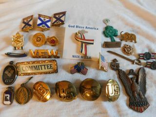 Set Of 27 Vintage,  Antique Us Military,  Vfw,  Union Pins,  Button And Pendant Rare