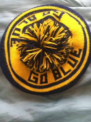 Rare Vintage University Of Michigan Go Blue Knit Cap Hat W/ Pom & Brim