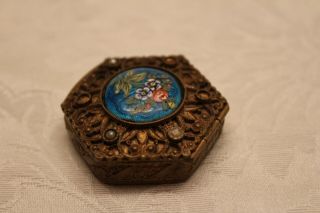 Antique 19th C.  Pill Trinket Box Gold W/ Hand Painted Detail Rare