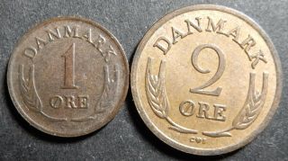 Denmark 1,  2 Öre 1962 1965 Bronze Km 846,  847 Not Released For Circulation Rare