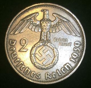 Rare Ww2 German 2 Reichsmark Silver Coin Historical Ww2 Authentic Artifact