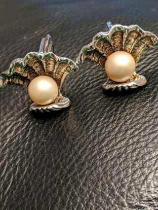 Rare Cuff Links,  Vintage Judy Lee Clam Shell W/ Faux Pearl