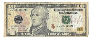 10 Dollar Bill 2009 Rare Star Note Low Serial Number Circulated,  Jd00592828