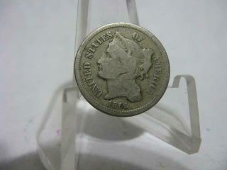 Rare Date 1865 3 Cent Nickel Fine,  Nfm156