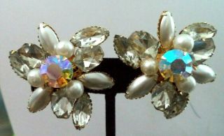 Rare Vintage Signed Judy Lee Ab Rhinestone Flower 1 3/4 " Clip Earrings G689r