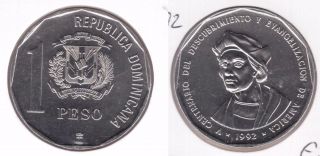 Dominican Republic - Rare 1 Peso Unc Coin 1992 Year Km 82 Columbus