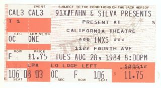 Rare Inxs 8/28/84 San Diego California Theatre Concert Ticket Stub