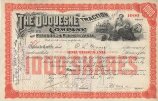 " Rare " - The Duquesne Traction Company - Vintage Stock Certificate - 1891