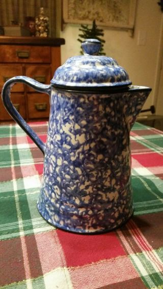 Vintage Rare Stangl Sponge Ware Town & Country Lidded Tea Pot Signed 9 " Blue Wht