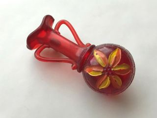 Rare Vintage Molded Celluloid Red Brooch Pin Carved Hand Painted Posey Bud Vase