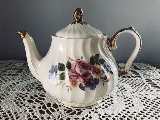 Rare Vintage Sadler Floral Teapot Roses & Gold Trim Handpainted Made In England