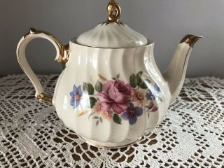 RARE Vintage Sadler Floral Teapot Roses & Gold Trim Handpainted Made in England 2