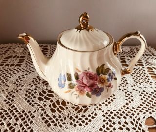 RARE Vintage Sadler Floral Teapot Roses & Gold Trim Handpainted Made in England 4