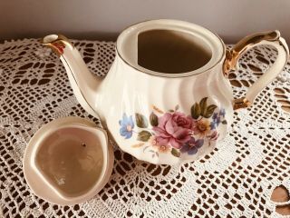 RARE Vintage Sadler Floral Teapot Roses & Gold Trim Handpainted Made in England 5