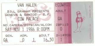 Rare Van Halen Bachman Turner Overdrive 11/1/86 San Francisco Ticket Stub Bto