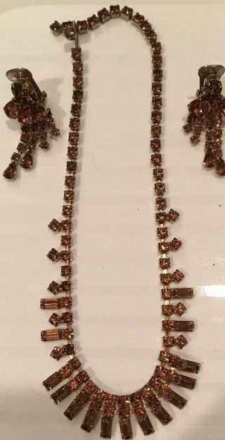 Rare Vintage Signed Kramer Pink Glass Rhinestone Necklace Earring Set