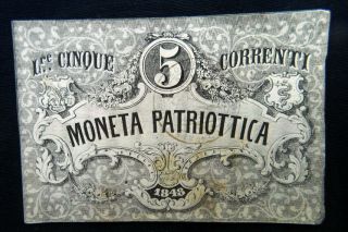 1848 Italy Rare Banknote Coin Lire 5 Xf,  War Independence Patriotic Venezia