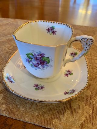 Vintage Royal Stafford Sweet Violet Rare Square Flower Handle Cup And Saucer