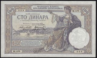 1929 100 Dinara Yugoslavia Rare Vintage Paper Money Banknote Currency P 27b Unc