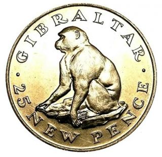 " Rare " Gibraltar 1971 Queen Elizabeth Ii Barbary Ape Crown 25 Pence Coin