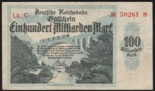 1923 100 Billion Mark Karlsruhe Germany Railroad Rare Emergency Money P S1272 Vf