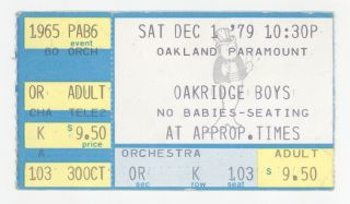 Rare The Oakridge Boys 12/1/79 Oakland Ca Paramount Theatre Ticket Stub