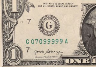 2017 G Series $1 One Dollar Bill Fancy Rare Trinary 5 Of A Kind Trailing Note Us